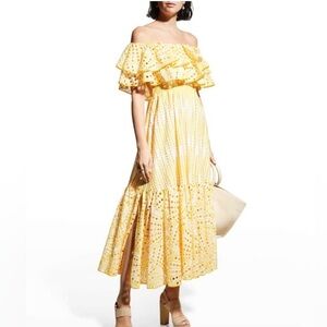 CHARO RUIZ IBIZA Isabella Off-the-Shoulder yellow eyeletEmbroidered Dress sz L